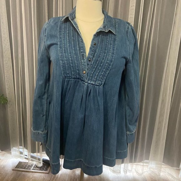 Free People size Large Blue Denim pleated baby doll tunic - Picture 4 of 6